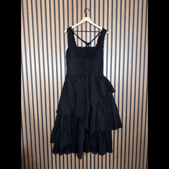 Free People Dress Large Womens Black Square Neck Ruffled Frayed Midi - Picture 2 of 7